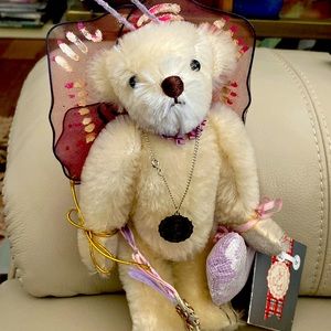 BEARY MAB FAIRY BEVERLY PORT  BEAR LTD silver Pendant WAND & HEART WHT MOHAIR